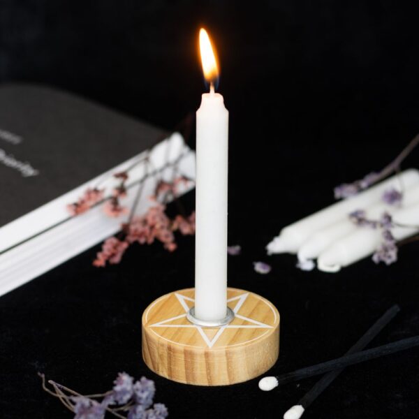 NATURAL WOODEN PENTAGRAM SPELL CANDLE HOLDER - Image 1
