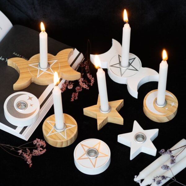 NATURAL WOODEN TRIPLE MOON SPELL CANDLE HOLDER - Image 2