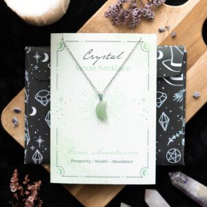 GREEN AVENTURINE CRYSTAL MOON NECKLACE ON GREETING CARD