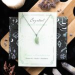GREEN AVENTURINE CRYSTAL MOON NECKLACE ON GREETING CARD