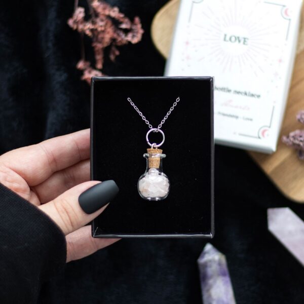 LOVE ROSE QUARTZ CRYSTAL CHIP POTION BOTTLE NECKLACE - Image 2