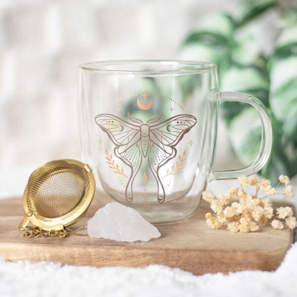 LUNA MOTH DOUBLE WALLED GLASS MUG WITH CRYSTAL TEA INFUSER - Image 1