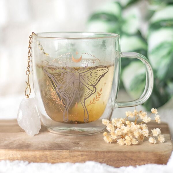 LUNA MOTH DOUBLE WALLED GLASS MUG WITH CRYSTAL TEA INFUSER - Image 2
