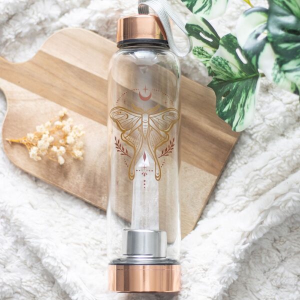 LUNA MOTH GLASS WATER BOTTLE WITH CLEAR QUARTZ CRYSTAL - Image 1