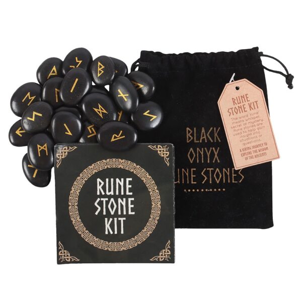 SET OF 25 BLACK OBSIDIAN VIKING RUNE STONES - Image 1