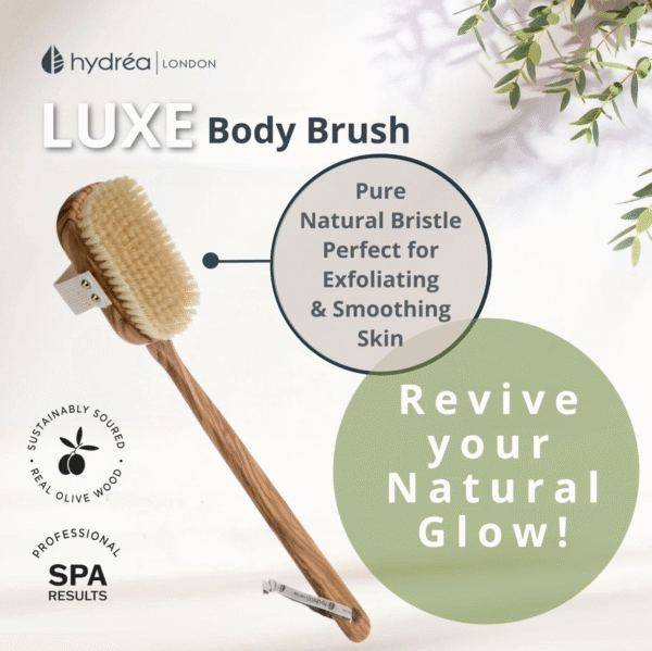 HYDREA LONDON PREMIUM OLIVE WOOD WET & DRY BODY BRUSH WITH LONG DETACHABLE HANDLE + NATURAL BRISTLE - Image 3