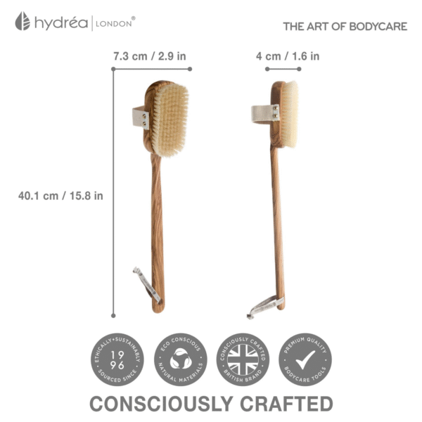 HYDREA LONDON PREMIUM OLIVE WOOD WET & DRY BODY BRUSH WITH LONG DETACHABLE HANDLE + NATURAL BRISTLE - Image 8