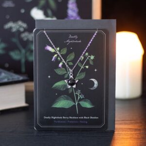 DEADLY NIGHTSHADE NECKLACE WITH BLACK OBSIDIAN ON GREETING CARD