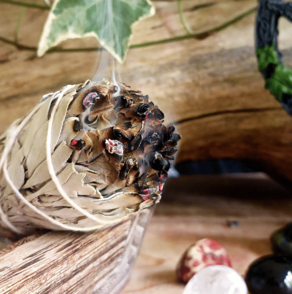 WHITE SAGE WITH DRIED RED ROSE PETALS AND ROSE QUARTZ – LOVE & CLEANSING SMUDGE BUNDLE - Image 2